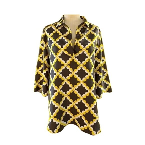 Tory Burch Brown Yellow Geometric Silk Tunic Top 4 - Picture 1 of 4